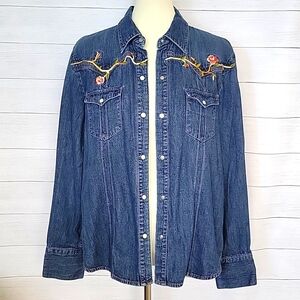 GAP vintage denim embroidered ladies mother of pearl snap shirt - unicorn!!! XL